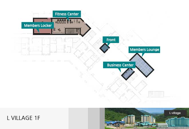 L Viilage 1f : members locker, fitness center, front, business center, members lounge