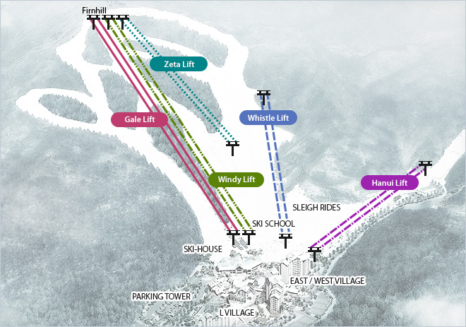 Firnhill, gale Lift, Windy Lift, Windy 1, Zeta Lift, Hanui Lift, Whistle Lift, SKI-HOUSE, SKI-SCHOOL, SLEIGH RIDES, EAST/WEST VILLAGE, L VILLAGE, PARKING TOWER