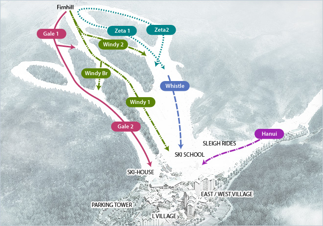 Firnhill, gate 1, gate 2, Windy 2, Windy Br, Windy 1, Zeta 1, Zeta 2, Hanui, Whistle, SKI-HOUSE, SKI-SCHOOL, SLEIGH RIDES, EAST/WEST VILLAGE, L VILLAGE, PARKING TOWER