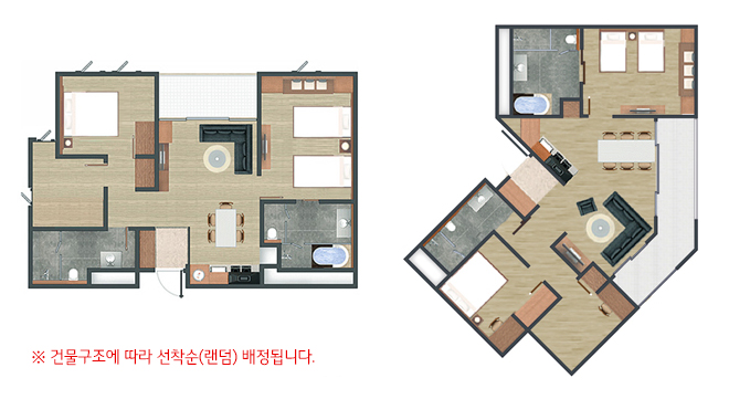 노블(Noble) C타입 객실 구성 : 2가지 형태 ※ 건물구조에 따라 선착순(랜덤) 배정됩니다.