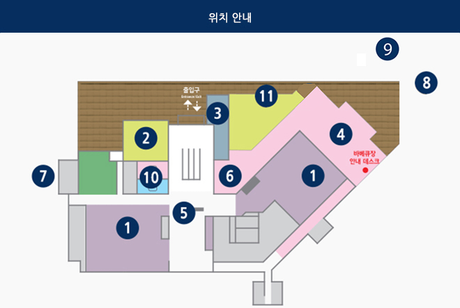 위치 안내 : 출입구 Entrance/Exit, 바베큐장 안내 데스크, ①, ②, ③, ④, ⑤, ⑥, ⑦, ⑧, ⑨, ⑩, ⑪