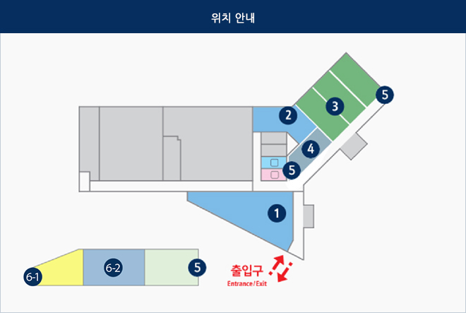 위치 안내 : 출입구 Entrance/Exit, ①, ②, ③, ④